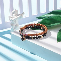 2 pièces 2 bracelets extensibles en obsidienne naturelle et hématite synthétique et bois avec breloque planète&nbsp;BJEW-JB07616