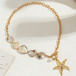 Collar bohemio de cadena de hierro con cuentas de concha natural y colgante de aleación de estrella de mar oceánica para mujer&nbsp;WG4CCD0-01