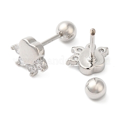 Серьги-гвоздики в форме сердца с бантом из латуни с микропаве из прозрачного кубического циркония EJEW-L289-03P-02