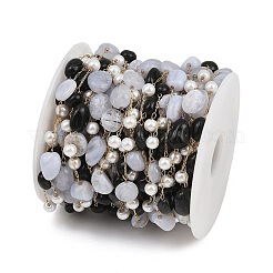 Pépites d'agate dentelle bleue naturelle et d'onyx noir (teint et chauffé) et chaînes à maillons faites à la main en acier inoxydable 316&nbsp;CHS-K021-14G-01