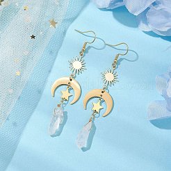 天然石クォーツ ダングル イヤリング  女性用太陽と月のステンレススチールと真鍮のチャームイヤリング  ゴールドカラー  82~83x19.5mm&nbsp;EJEW-JE05877-02