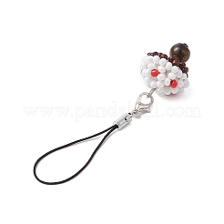ガラスシードビーズ携帯ストラップ  キノコ  ホワイト  9.2cm&nbsp;HJEW-MZ00102-01