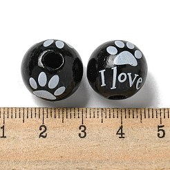 プリントウッドヨーロピアンビーズ  単語模様で丸める  ブラック  15.5~16mm  穴：4~4.5mm&nbsp;WOOD-G022-20I