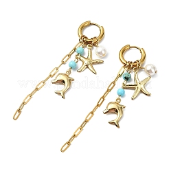 Ohrringe mit Delfin- und Seesternmotiv aus Edelstahl 304 und Muschelperlen für Damen&nbsp;EJEW-JE07128