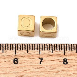 304ステンレススチールヨーロピアンビーズ  大穴ビーズ  文字付きのキューブ  ゴールドカラー  アルファベットのO  7x7x7mm  穴：5mm&nbsp;STAS-D382-02O-G