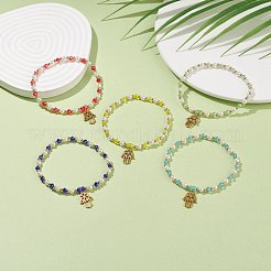 女性用 304 ステンレススチール ハムサ ハンド チャーム付きガラス パール ビーズ ストレッチ ブレスレット  ミックスカラー  内径：2-1/8インチ（5.4cm）&nbsp;BJEW-JB08522