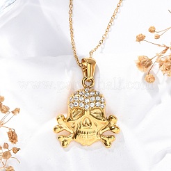 Halsketten mit Totenkopf-Anhänger aus 304 Edelstahl mit Kristall-Strass&nbsp;LS-NJEW-Z057-03C-G