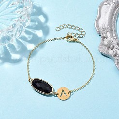 天然ブラックオニキス（染色・加熱）ファセットオーバルリンクブレスレット  女性用ステンレススチール中空文字A真鍮アズキチェーンブレスレット  ゴールドカラー  7-3/4インチ（19.7cm）&nbsp;BJEW-JB10263-01