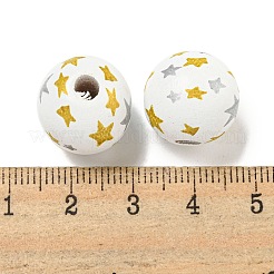 プリントウッドヨーロピアンビーズ  星柄丸  ダークチソウ  15.5~16mm  穴：4~4.5mm&nbsp;WOOD-G022-03A