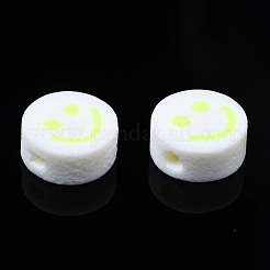 手作り樹脂粘土ビーズ  ジュエリー工芸用品のDIY用  笑顔とフラットラウンド  緑黄  10x4~4.5mm  穴：1.8mm&nbsp;CLAY-N008-040M