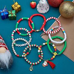 9 pièces 9 mots de style joyeux noël faits à la main en argile polymère heishi surfeur bracelets extensibles sertis d'acrylique&nbsp;BJEW-SW00070