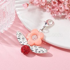 アクリルフラワーペンダント装飾  ポリマークレイのラインストーンビーズと亜鉛合金カニカン付き  52mm&nbsp;HJEW-JM01312-04