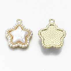 ラックメッキ合金ペンダント  白いABSプラスチックイミテーションパール付き  カドミウムフリー＆ニッケルフリー＆鉛フリー  スター  ライトゴールド  21.5x19x6mm  穴：2mm&nbsp;PALLOY-T077-57-NR