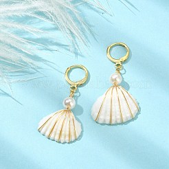 天然シェル＆シェルパールダングルフレンチフックピアス  真鍮ワイヤーラップドロップイヤリング  16KGP本金メッキ  42~45x21~23.5mm&nbsp;EJEW-TA00277