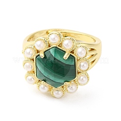 Anello regolabile esagonale con pietra preziosa mista naturale placcata ionica (ip) con perline di plastica&nbsp;RJEW-E075-03G