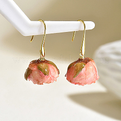 真鍮樹脂製ドロップピアス（女性用）  花  ドライフラワーの中に  ゴールドカラー  ピンク  35x18.4mm&nbsp;NB9245-2