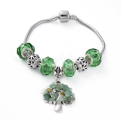 Bracelets de style européen en laiton , avec verre à la main perles européennes, pendentifs et perles en alliage de style tibétain, verts perles naturelles puce aventurine, arbre, 7-1/2 pouce (192 mm)