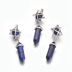 Pendentifs en lapis lazuli naturel, pendentifs pointus, avec les accessoires en laiton de tonalité de platine, étoile et balle, teinte, 72mm, Trou: 7x5mm