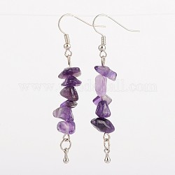 Dangling Amethyst Cluster Earrings, with Alloy Findings and Brass Earring Hooks, Platinum, 62mm, Pin: 0.7mm