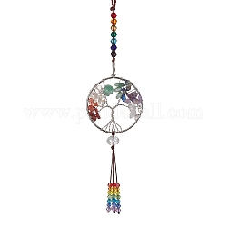 7 decoración colgante con chip de piedras preciosas de chakra., adorno del árbol de la vida con cuentas de vidrio con borlas, 255mm, colgante: 180x51x12.5 mm