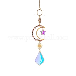 Glass Teardrop/Star Prisms Suncatchers Hanging Ornaments, with Stainless Steel Moon and Gemstone Beads, for Home, Garden Decoration, Sun Pattern, No Size