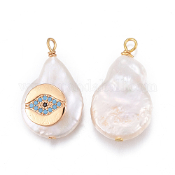 Pendentifs de perles d'eau douce de culture naturelle, avec les accessoires de zircons en laiton, pépites avec oeil, or, bleu profond du ciel, 17~26x11~16x5~11mm, Trou: 1.6~2mm