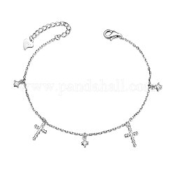SHEGRACE Rhodium Plated 925 Sterling Silver Charm Bracelets, with Grade AAA Cubic Zirconia, with 925 Stamp, Cross, Platinum, 6-1/8 inch(15.5cm), Cross: 10.6x6.1mm