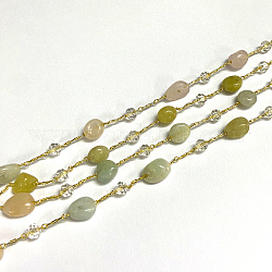 Chaînes de perles de morganite naturelles faites à la main de 3.28 pied, avec perles de verre rondelles et chaînes forçat en laiton, Plaqué longue durée, non soudée, pépites, or, lien: 2x1.5x0.3 mm, pierres fines perles: 6~12x6~6.5x4~4.5 mm, perles de verre: 4x3 mm