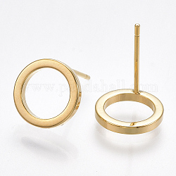 Brass Stud Earrings, Ring, Nickel Free, Real 18K Gold Plated, 10mm, Pin: 0.8mm
