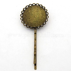 Iron Hair Bobby Pin Findings, with Brass Round Trays, Antique Bronze, Tray Diameter: 25mm, 68~70x25mm