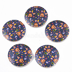 Ciondoli in legno a stampa, piatta e rotonda con pattern gatto, Blue Marine, 50x5mm, Foro: 1.6 mm