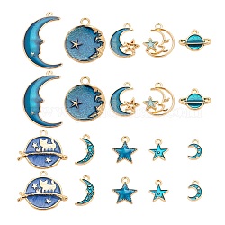 80Pcs 10 Style Alloy Enamel Pendants, Starry Sky Theme, Flat Round & Star & Moon & Planet & Cat, Light Gold, Blue, 8pcs/style