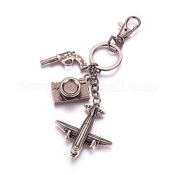 Alloy Airliner Pendant Keychain, Passenger Airplane, Camera and Gun, with Iron Findings, Gunmetal, 118mm