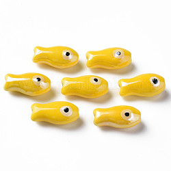 Handmade Porcelain Beads, Famille Rose Style, Fish, Yellow, 19.5x10x8mm, Hole: 2mm