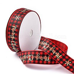 Cintas de grogrén de poliéster con estampado de feliz Navidad de 20 yarda, Estampado en caliente de cintas de tartán planas, de color rojo oscuro, 1 pulgada (25 mm), alrededor de 20.00 yarda (18.29 m) / rollo