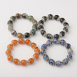 Natural Gemstone Round Bead Stretch Bracelets, with Antique Silver Plated Alloy Bead Caps, Mixed Stone, 42mm