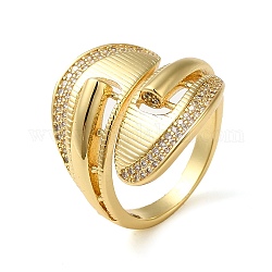 Brass Micro Pave Cubic Zirconia Open Cuff Ring, Hollow Leaf, Real 16K Gold Plated, US Size 8 1/2(18.5mm)