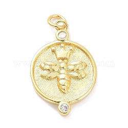 Brass Micro Pave Clear Cubic Zirconia Pendants, with Jump Ring, Long-Lasting Plated, Flat Round with Bees, Real 18K Gold Plated, 22x15x3mm, Jump Ring: 4.5x1mm, 3mm Inner Diameter
