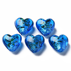 Стеклянные бусины ручной работы лэмпворк из серебряной фольги, сердце, синие, 15~16x15.5x9~10 мм, отверстие : 1.2 мм