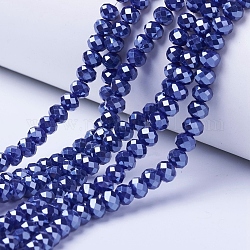 Electroplate Glass Beads Strands, Pearl Luster Plated, Faceted, Rondelle, Midnight Blue, 4x3mm, Hole: 0.4mm, about 123~127pcs/strand, 17~17.5 inch(43~44cm)