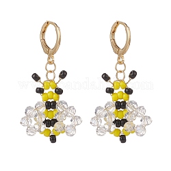 Boucles d'oreilles à levier pendantes abeilles tressées en verre, bijoux en fil de laiton plaqué or pour femme, jaune, 41mm, pin: 0.9 mm