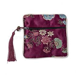 Bolsa de regalo de bolsa de joyería con cremallera de borla de brocado chino, cuadrado con diseño de flores, púrpura, 11.5~11.8x11.5~11.8x0.4~0.5 cm