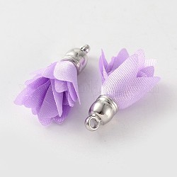 Polyester Pendentif fleur décorations, avec accessoires en plastique CCB plaqué platine, moyen orchidée, 31x7mm, Trou: 2mm