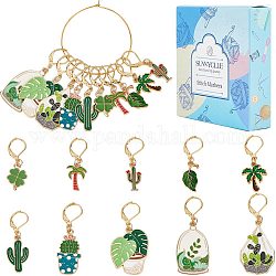 SUNNYCLUE Green Plants Locking Stitch Markers, Alloy Enamel Charm Stitch Marker with 304 Stainless Steel Hoop, Golden, 3.5~5cm, 10 style, 2pcs/style, 20pcs/box