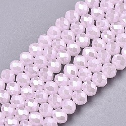 Electroplate Glass Beads Strands, Imitation Jade Beads, Pearl Luster Plated, Faceted, Rondelle, Pink, 6x5mm, Hole: 1mm, about 92~94pcs/strand, 17~17.5 inch(42.5~43.75cm)