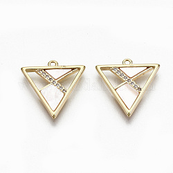 Brass Micro Pave Clear Cubic Zirconia Pendants, with Shell, Nickel Free, Real 18K Gold Plated, Triangle, Seashell Color, 15.5x15.5x1.5mm, Hole: 1mm