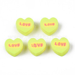手作り樹脂粘土ビーズ  単語「love」付けのハート  緑黄  8~8.5x9~9.5x4.5mm  穴：1.8mm