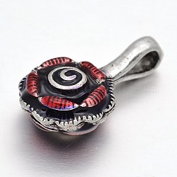 Gioielli in argento tibetano antico contatore smalto ottone clip, piombo & cadimo libero, fiore, rosso, 21x12x7.5mm, Foro: 4.5 mm
