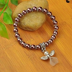 Lovely Wedding Dress Angel Bracelets for Kids, Carnival Stretch Bracelets, with Glass Pearl Beads and Tibetan Style Beads, Rosy Brown, 45mm
