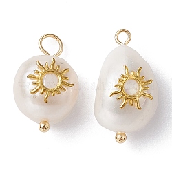 Ciondoli perla naturale, ciondoli di patate con fetta di ottone placcato oro, sole, 16~19x10~11x7.5~10mm, Foro: 3 mm